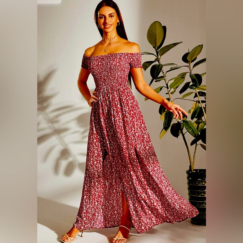 Floerns Women's Boho Floral Print Off Shoulder Split Long A Line Dress